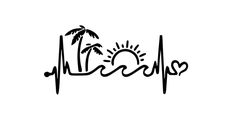 the word love is written in black on a white background with a heartbeat and palm trees