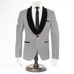 Silver Houndstooth Patterned 3-Piece Tailored-Fit Tuxedo Formal Outerwear With Houndstooth Pattern And Suit Collar, Formal Houndstooth Outerwear With Suit Collar, Formal Houndstooth Pattern Outerwear With Suit Collar, Elegant Houndstooth Blazer With Notch Lapel, Elegant Houndstooth Blazer For Winter, Elegant Fitted Houndstooth Blazer, Elegant Tailored Houndstooth Suit, Elegant Winter Houndstooth Suits, Classic Formal Suit With Houndstooth Pattern