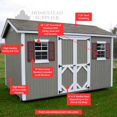 the parts of a storage shed labeled in red and white text, including windows, shutters, shingles, and doors