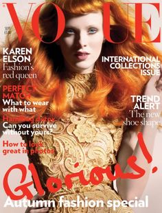 a woman with red hair is featured on the cover of an issue of fashion magazine