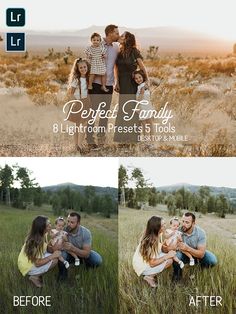 the family is posing for photos in their field