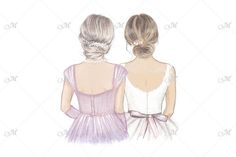 two women in dresses looking at each other with their backs turned to the opposite direction