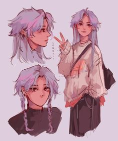 three different poses of an anime character with pink hair and braids, one wearing a sweater