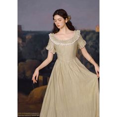 For a noble and elegant young lady, like a sparkling jewel in a palace. A retro dress that reminds you of the season of fresh greenery. The neckline and cuffs are decorated with lace embroidery and ruffles. The way she sways gently and gracefully is captivating. 
 
 Size 
 
 S size 
 
 Length: 121cm 
 Shoulder width: 35cm 
 Bust: 84cm 
 Waist: 70cm 
 
 Sleeve length: 18cm 
 
 M size 
 
 Length: 122cm 
 Shoulder width: 36cm 
 Bust: 88cm 
 Waist: 74cm 
 
 Sleeve length: 18cm 
 
 L size 
 
 Length: Spring A-line Dress With Lace Collar, Spring Fancy Dress With Short Sleeves, Green Lace Dress With Fitted Bodice, A-line Vintage Dress With Lace Trim, Fitted Lace Princess Dress, Elegant Dress With Scalloped Edges For Garden Party, Vintage Fitted Fancy Dress, Princess Style Short Sleeve Lace Dress, Vintage Fitted Dress For Fancy Dress