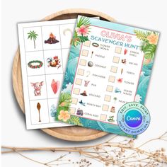 the olma's scavenger hunt printable game on a wooden plate