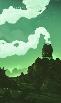 a house sitting on top of a hill under a green sky with clouds above it