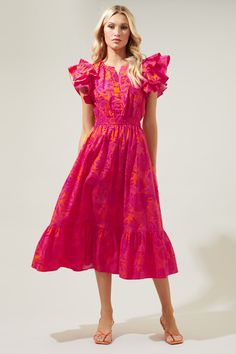 Bali Tropics Jelina Ruffle Sleeve Midi Dress – Sugarlips Midi Dress With Ruffle Sleeves, Ruffle Shoulder Dress, Tiered Gown, Haldi Outfits, Simple Frock Design, Simple Frocks, Elegant Outfit Classy, Simple Kurta Designs, Tropical Print Dress