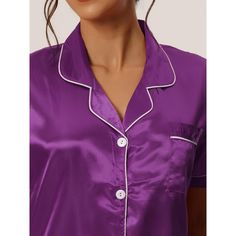 Great for loungewear, nightwear, sleepwear, home bedroom, and daily wear. This 2-piece sleepwear set, including short-sleeved tops, and capri pants uses soft breathable pure satin, giving you a great dress experience. Design: Many individual colors and lightweight fabrics, make the sleepwear comfortable, you have many choices to match it with your heart. No matter the cozy bedtime, casual home relaxation, laze afternoon, or a relaxing bath, the soft and lightweight women's nightdress can always Short Sleeve Sleepwear With Buttons, Purple Short Sleeve Sleepwear For Pajama Party, Solid Color Short Sleeve Sleepwear For Pajama Party, Solid Short Sleeve Sleepwear For Night, Solid Color Short Sleeve Sleepwear For Night, Solid Short Sleeve Sleepwear, Cute Sleepwear, Lounge Pajamas, Night Dress For Women