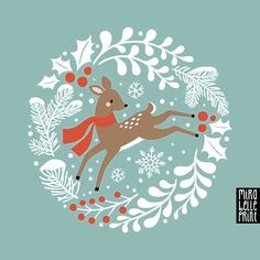 a deer with a scarf around its neck is surrounded by snowflakes and holly wreaths