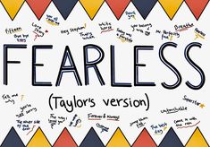 the word fearless written in black and white on a background of colorful triangles with handwritten words