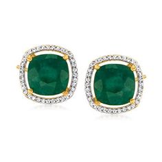 Ross-Simons - 4.00ct t. w. Emerald, .19ct t. w. Diamond Earrings in 18kt Yellow Gold Over Sterling. Give the green light to sophistication. These gorgeous earrings showcase 4.00 ct. t. w. square cushion-cut emeralds illuminated by .19 ct. t. w. diamonds in white rhodium. Polished 18kt yellow gold over sterling silver. Poist/clutch, diamond and emerald earrings. Emerald birthstones are the perfect gift for May birthdays. Green Diamond Earrings With 17 Jewels For Formal Events, Green Diamond Earrings With 17 Jewels For Formal Occasions, Formal Green Diamond Gemstone Earrings, Formal Green Gemstone Diamond Earrings, Elegant Green Diamond Earrings With Brilliant Cut, Green Diamond Earrings For Evening, Classic Green Diamond Earrings, Green Pave Setting Fine Earrings, Elegant Green Diamond Earrings In Prong Setting