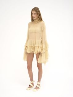 Chloé Ruffled Mini Dress In Silk Mousseline | Chloé US Dress Outer, Silk Dress Short, Ruffled Mini Dress, Chloe Clothing, Earthy Style, Frill Dress, Ruffle Mini Dress, Cape Dress, Fashion Inspiration Design