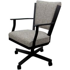 an office chair that is upholstered with grey fabric and black wood trimmings