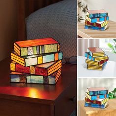 four different views of a lamp made out of books