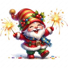 a cartoon santa clause holding sparklers and wearing a red, white and blue hat