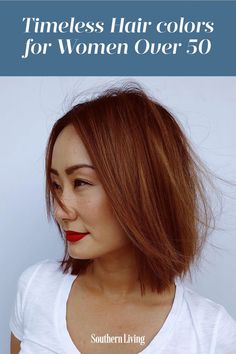 What hair color could take you back to your childhood better than this girlish ginger red? Not to mention, it will cure any dullness you're feeling with your usual hair color. Be sure to ask your stylist which red shade will flatter your skin tone best. These are the best hair color for women over 50. #beauty #hair #haircolortrends #haircolorforwomenover50 #southernliving Auburn Hair Over 50, Red Bobs Haircuts, Red Terra Cotta Hair Color, Auburn Hair Olive Skin Tone, Dp Hue Color Gloss Before And After, From Red To Grey Hair, Hair Color For Red Skin, Auburn Hair Cool Skin Tone, Cool Red Hair Color Shades