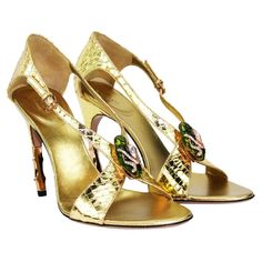 New Tom Ford for Gucci Gold Snake Sandals. S/S 2004 Collection Designer size 9.5 B ( Italian 39.5 ) Malachite Green color jeweled snake head. The heel features two inches of rose gold toned bamboo. Heel height - 4.5 inches. Made in Italy New with dust bag. Gold Sandals Heels, Tom Ford For Gucci, Gold High Heel Sandals, Tom Ford Gucci, Green High Heels, Snake Heels, Malachite Green, Gucci Sandals, Jeweled Shoes