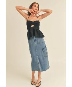 On Trend Denim Midi Skirt Washed stretch denim w/ pocket detail cargo skirt Skirt Outfit 2023, Cargo Jeans Skirt, Jeans Skirt Outfit, Jean Skirt Outfits, Outfit 2023, Mixed Media Design, Contrast Top, Jeans Skirt, Cargo Skirt