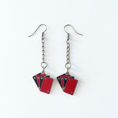 "Playing Cards earrings*. *Earrings sold individually or as a pair. Material: Base metal  Color: Red and Black on Silver ⇸ Measurements:  Charm: 2 x 2 cm  Total length of earring: approx. 2.5\" . . . . . . . . . . . . . . . . . . . . . . . . . . . . . . . . .  ⇸ Please read Shop Policies before purchasing ⇸ For international customers: Import duties, taxes, and charges are not included in the item price or shipping cost. These charges are the buyer's responsibility. You can check with your country's customs office to determine what these additional costs will be. Thanks for stopping by ▲ New Rose" Black Playing Cards, Cards Deck, Playing Card Deck, Hip Hip, Red Earrings, Black Earrings, Silver Spring, Diamond Heart, Deck Of Cards