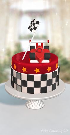 a red and black checkered cake with a flag on top