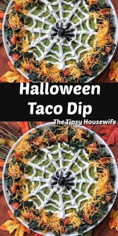 halloween taco dip recipe with spinach, cheese and other toppings on it