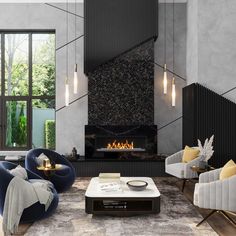 a living room with modern furniture and a fireplace