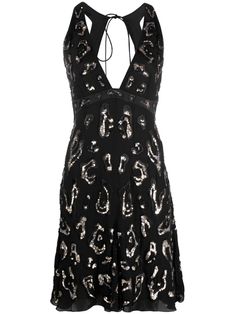 sequin-embellished open-back dress from ROBERTO CAVALLI featuring black, silk, sequin embellishment, plunging V-neck, sleeveless, rear tie fastening, open back, above-knee length, flared skirt and straight hem. Skirt Straight, Sequin Embellishment, Wardrobe Edit, Open Back Dresses, Exclusive Fashion, Flared Skirt, Roberto Cavalli, Black Silk, Dress Backs