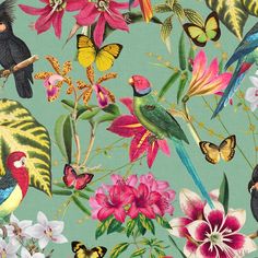 an image of birds and flowers on a green background that is very colorful in color