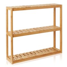 two wooden shelvings are stacked on top of each other and one shelf is empty