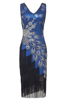 This elegant dress is classic vintage look for a modern woman. The eye-catching design features art deco print and unique vintage style which bring you back to the roaring twenties. Features: V neck design in both front and back Sleeveless design Beautiful sequined peacock pattern Blinking beads and sequins 100% Polyester fabric Note: This dress comes with an unique size chart. Be sure to select your ideal fit from the chart before making your purchase. Art Deco Style Cocktail Dress, Blue Fringe Dresses For Night Out, Blue Fringe Dress For Night Out, Art Deco Fitted Dress For Night Out, Fitted Art Deco Summer Dress, Art Deco Cocktail Dress, Fitted Blue Flapper Dress, Fitted Blue Flapper Dress For Summer, Summer Cocktail Dresses In Art Deco Style