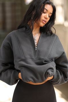 Front view of model posing in the oversized comfortable charcoal luxe french terry Retro Half Zip pullover sweatshirt with ribbed accents on the chest and sleeves, a hidden kangaroo pocket and a half zip collar Joah Brown, Terry Fabric, French Terry Fabric, Crop Sweatshirt, Bosnia And Herzegovina, Half Zip, Uganda, Long Tops, Dress Accessories