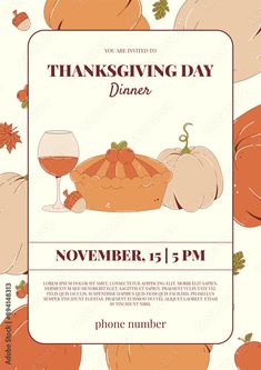 Thanksgiving dinner poster. Holiday invitation with pie, pumpkin, cranberry and more. Vector illustration. Pie Pumpkin, Pumpkin Cranberry, Holiday Invitations, Thanksgiving Dinner, Adobe Stock, Cranberry, Pie