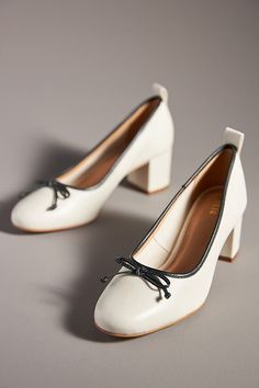 Don't passé on the chicest shoe style of the season. | Heeled Ballet Pumps by Maeve in Black, Women's, Size: 9.5, Leather/Rubber at Anthropologie Block Herl Wedding Shoes, Theatrical Romantic Winter Shoes, Shoes For Theatrical Romantic, Classic French Shoes, Wide Calf Cowgirl Boots, 1940s Shoes, White Block Heels, Ballet Heels, Block Heel Pumps