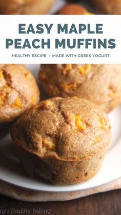 easy maple peach muffins on a white plate