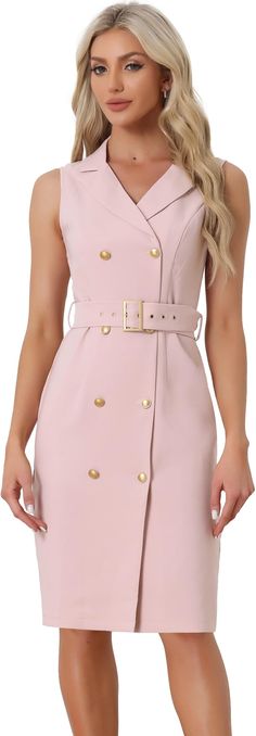 Elevate your professional wardrobe with the Margina Belted Sleeveless Blazer Dress. The belted waistline accentuates your figure, while the sleeveless design allows for comfort and ease of movement. Perfect for any occasion, this dress exudes sophistication and style in a flattering pink color. 95% Polyester, 5% Spandex Brand Size Dress Bust Waist Hip XS 0-2 31-32.5'' 23-24'' 31-34" S 4-6 33-35'' 25-26'' 35-37" M 6-12 35-36'' 27-28'' 38-39" L 12-14 38-40'' 29-31'' 40-42" Mini Length Belted Dress For Work, Spring Fitted Belted Sleeveless Dress, Fitted Belted Sleeveless Dress For Spring, Semi-formal Fitted Belted Mini Dress, Fitted Belted Mini Dress For Semi-formal Occasions, Fitted Belted Mini Dress For Semi-formal Events, Sleeveless Belted Dress For Work, Fitted Sleeveless Mini Dress For Semi-formal Occasions, Fitted Sleeveless Dress With Belt