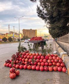 a pile of apples sitting on the side of a road