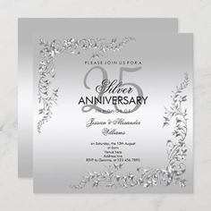 an elegant 25th anniversary party card with silver foil and leaves on it, featuring the number fifty