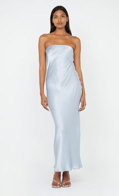 Moon Dance Strapless Dress in Dusty Blue by Bec + Bridge Blue Strapless Bridesmaid Dresses, Strapless Bridesmaid Dresses, Bec And Bridge Dress, Blue Wedding Guest Dresses, Bridge Dress, Prom Inspo, Moon Dance, Bridesmaid Dresses Strapless, Light Blue Wedding