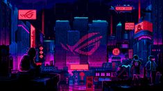 an image of a city at night with neon lights and people standing in the background