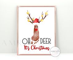 a christmas card with an image of a reindeer wearing a santa hat and the words oh deer it's christmas