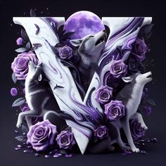 the letter v is decorated with purple roses and two wolfs