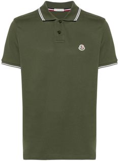 olive green/white cotton piqué weave logo patch at the chest stripe trim front button placket polo collar short sleeves ribbed cuffs short side slits authenticity QR code Uniform Ideas, Moncler Logo, Polo Shirt Colors, Polo Top, Cuffed Shorts, Polo Collar, Polo Shirts, Button Placket, Qr Code