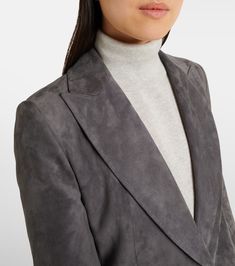 Find BRUNELLO CUCINELLI Single-breasted Suede Blazer on Editorialist. Material: 100% leather. Care instructions: specialist clean. Made in Italy. Designer color name: Piombo. Closure: button fastening. Pockets: flap pockets. Lining: 74% acetate, 26% silk. Pocket lining: 65% acetate, 35% polyester. Contains non-textile parts of animal origin. Elegant Leather Office Blazer, Elegant Leather Blazer For Office, Classic Suede Blazer For Formal Occasions, Elegant Leather Blazer With Lapel Collar, Elegant Leather Blazer With Concealed Placket, Elegant Suede Blazer For Fall, Elegant Leather Evening Blazer, Elegant Leather Blazer For Evening, Elegant Structured Leather Outerwear