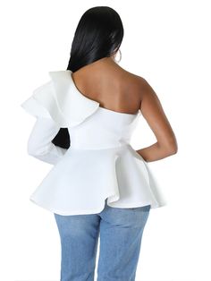 Material:30-50% Polyester. Features: Long sleeve. one shoulder. ruffle. waist. solid color. tops.Style:Casual. White Solid Color Top For Party, Chic Off-shoulder Solid Color Tops, Fall Ruffled Off-shoulder Top, Solid Color Off-shoulder Top For Party, Solid Off-shoulder Party Tops, Off-shoulder Ruffled Tops For Brunch, Solid Off-shoulder Tops For Party, One-sleeve Spring Blouse For Party, Fitted One-shoulder Solid Color Top