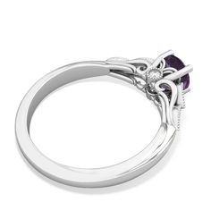 Feauturing flowing filigree scrolls and delicate milgrain accents, this deep purple amethyst ring in 14K White Gold is truly unique. Ten sparkling diamonds are nestled among the intricate details of this one-of-a-kind piece. Elegant Amethyst Birthstone Ring With Prong Setting, Elegant Amethyst Birthstone Ring For Promise, Elegant Amethyst Promise Ring With Accent Stones, Elegant Amethyst Diamond Promise Ring, Elegant Purple Birthstone Ring With Center Stone, Classic Amethyst Birthstone Ring With Accent Stones, Classic Amethyst Birthstone Ring In White Gold, Elegant White Gold Amethyst Birthstone Ring, Elegant Amethyst Rings With Accent Stones