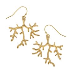 Smaller version of our Gold Coral Branch Earrings 1.63 inches Handcast 24Kt Gold Plated Handmade in San Antonio, TX Gold Coral Earrings, Susan Shaw, Ribbon Box, Branch Earrings, Coral Earrings, 24kt Gold, Body Chain Jewelry, San Antonio Tx, San Antonio