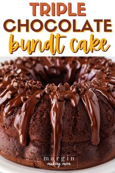 a chocolate bundt cake on a white plate with the words triple chocolate bundt cake