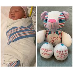 a baby is sleeping next to a teddy bear with the birth date on it's chest