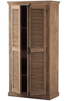 an open wooden cabinet with shutters on the doors