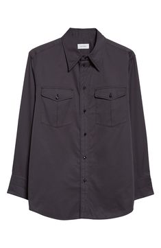 Based on '70s-era Western shirts but updated with clean, pared-back details, this look is made from cotton twill with a soft hand and excellent drape. 31" length; 26" chest (size 50 EU) Front button closure Spread collar Long sleeves with three-button cuffs Chest button-flap pockets 100% cotton Dry clean Imported New Concepts @Nordstrom Fitted Shirt With Patch Pockets For Work, Modern Shirt With Welt Pockets For Work, Modern Workwear Shirt With Welt Pockets, Cotton Shirt With Flap Pockets For Workwear, Classic Shirt With Patch Pockets For Fall, Classic Fall Shirt With Patch Pockets, Classic Shirt With Lapel Collar And Patch Pockets, Classic Long Sleeve Shirt With Patch Pockets, Classic Shirt With Flap Pockets For Fall